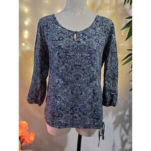 Lucky Brand Women's S Paisley Boho Keyhole Button Neck Hem 3/4 Sleeve Blouse Top